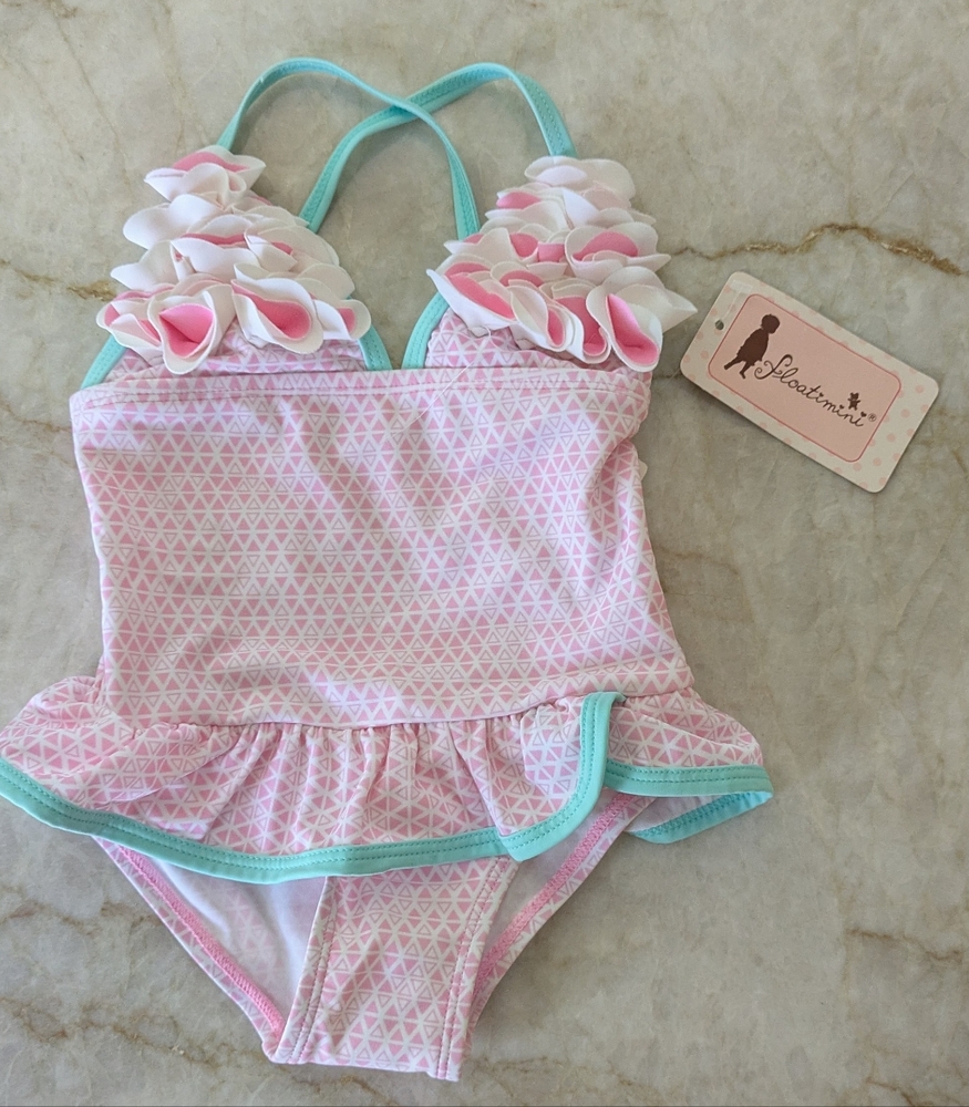 NWT Floatimini Pink and White Ruffle Kids Swim One Piece ~ 2t